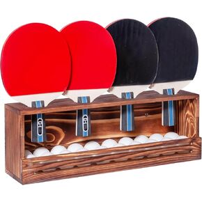 Ping Pong Paddle Storage Rack, Wall-Mount Table Tennis Paddle Display Holder for 4 Paddles and Ball Storage Shelf, Pine-Wood Ping Pong Rack for Game Room, Bar, Garage, Office, Home