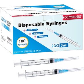 3ml ,100 Pack, 23G 1inch Syringes with Needle, Needle Luer Lock Syringe, Individually Sealed Package for Scientific Labs,Feeding Small Animals,Dispensing,Applicator,Watering.