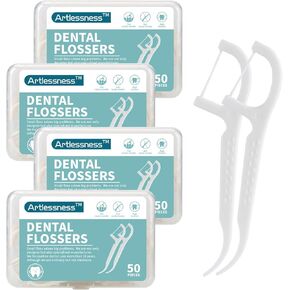 Adult Floss Pick, Floss Picks, 50 Sticks per Box, Easy to Carry, Floss Made of Special Material, not Easily Broken or fuzzing, Toothpick end is Strong and Durable, 4 Boxes = 200 pcs.