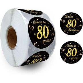 REWIDPARTY Black Gold 80th Birthday Stickers Rolls（500 PCS） Cheers to 80 Years Stickers Eighty and Fabulous Round Stickers Birthday Party Favors Anniversary Party Decorations Adhesive Party Stickers