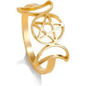 TEAMER Stainless Steel Triple Moon Goddess Ring Amulet Wicca Pentagram Ring Pagan Jewelry for Women