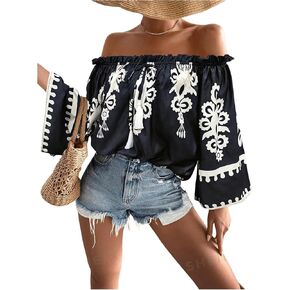 MakeMeChic Women's Boho Striped Off Shoulder Half Bell Sleeve Blouse Top