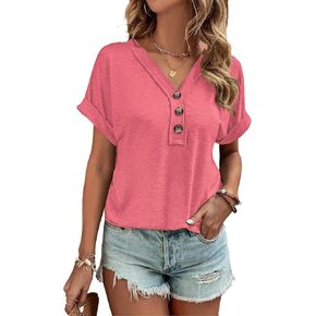 Women Summer Tops Spring Fashion Button Down Shirts Short Sleeve Tshirts Casual T Shirts V Neck Clothes