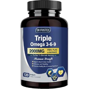 Triple Omega 3-6-9 Fish Oil 2000mg with Vitamin E - EPA & DHA Fatty Acids Supplement - Supports Heart, Brain, Eye, Joint, Skin & Immune Health - Includes Flaxseed & Borage, Non-GMO, 120 Softgels