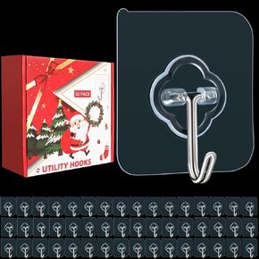 Adhesive Wall Hooks for Hanging, 50 Pack Sticky Hooks, Adhesive Clear Hooks for Christmas, Christmas wreath, Christmas stockings, Christmas decoration, Bathroom Kitchen Door Outdoor Home Improvement