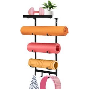 Yoga Mat Holder Wall Mount,Workout Storage Organizer for Home Gym Exercise,Yoga Mat Rack with Metal Floating Shelves and 4 Hooks for Hanging Foam Rollers,Yoga Strap and Resistance Bands