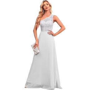 2024 Women’s One Shoulder Bridesmaid Wedding Guests Dresses Long Lace Appliques A-Line Chiffon Prom Dresses with Slit.