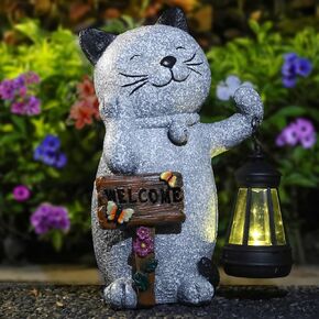 CALMMIND Cat Solar Lights Outdoor Garden - 10-inch Solar Cat Garden Statue - Cat Gifts for Women, Dad, Mom - Garden Statues for Outside, Kitty Lawn, Christmas, Housewarming, Holiday Decor, Cat Statue
