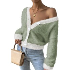 Pink Queen Women's Furry Cropped Cardigan Color Block Batwing Sleeves Open Front V-Neck Button Down Knit Sweater Coat