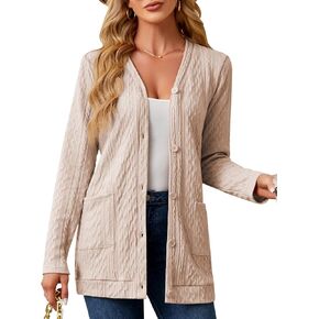 Women's Open Front Cardigan Sweaters Lightweight Casual Long Sleeve Knit Cardigan Button Down Outwear with Pockets