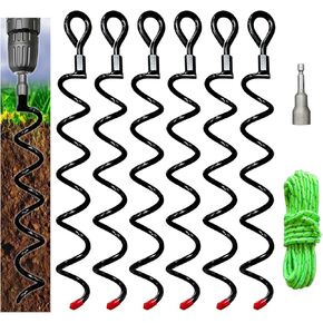 Heavy Duty Screw In Ground Anchors Kit - 16" Spiral High Wind Swing Set Anchors Stakes for Trampoline Tie Down, Dog tie Out Stake, Securing Tents, Canopies, (Black 6 Pack with 30 FT Nylon Rope)