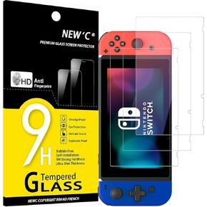 NEW'C Pack of 3, Glass Screen Protector for Nintendo Switch, Tempered Glass Anti-Scratch, Anti-Fingerprints, Bubble-Free, 9H Hardness, 0.33mm Ultra Transparent, Ultra Resistant