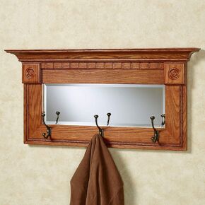 Touch of Class Dentil Pediment Wall Mirror with Coat Hooks - Windsor Oak- Solid Wood and Glass - Classic Decor for Bedroom, Living Room, Dining Room, Office, Entryway, Foyer - Quality Crafted