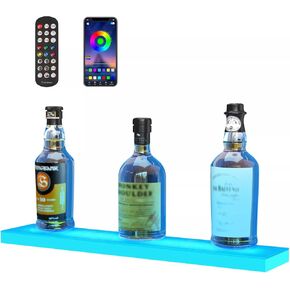 VEVOR LED Lighted Liquor Bottle Display, 3 Tiers 24 Inches, Supports USB, Illuminated Home Bar Shelf with RF Remote & App Control 7 Static Colors 1-4 H Timing, Acrylic Lighted Shelf for 18 Bottles