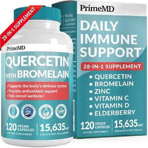 28-in-1 Quercetin with Bromelain Supplement - Quercetin 500mg Capsules for Daily Immune Defense Support - Quercetin with Vitamin C and Zinc for Adults Enriched with Vitamin D and Elderberry (120 ct)
