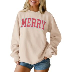 Merry Christmas Sweatshirt for Women Retro Merry Letter Sweatshirts Xmas Holiday Crewneck Long Sleeve Pullover Tops