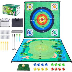 Minetom Golf Chipping Game with Golf Hitting Mat,60"x60" Double Sided Golf Training Mat,16 Golf Balls,Golf Practice Mat Kits Indoor Outdoor Golf Accessories for Adult Family Yard Game