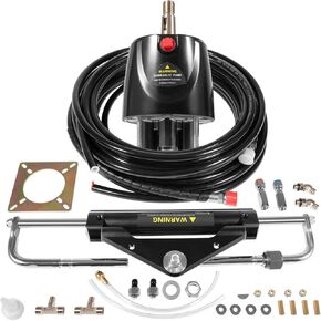 150HP Hydraulic Outboard Steering Kit Boat Marine System, Built-in Two-Way Lock Hydraulic Cylinder, 150 HP Helm Pump, w/ 26ft Hydraulic Steering Hose for Single Station, Single-Engine Use