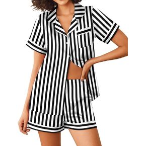 Ekouaer Womens Silk Satin Pajama Sets 2 Piece Short Sleeve Sleepwear Button Down Top and Shorts Striped Pjs Lounge Sets S-XXL
