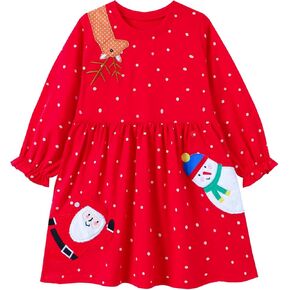 HILEELANG Toddler Girl Long Sleeve Christmas Dress Cotton Casual Jersey Shirt Playwear Applique Dress