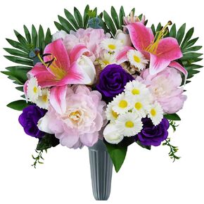 AILVEMEE Cemetery Flowers for Grave with Vase,Cemetery Saddle Flowers for Headstone,Artificial Flowers Bouquet and Saddle,Non-Bleed Color:Blue and White Rose,Yellow Hydrangea