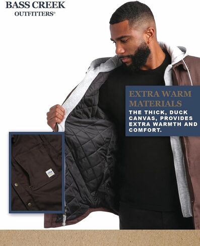 Bass Creek Outfitters Men's Duck Canvas Shirt Jacket - Insulated Workwear with Attached Fleece Zip Front and Hood (M-XXL) in Saudi Arabia