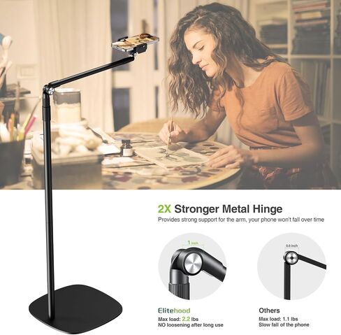 elitehood Heavy Duty Aluminum Overhead Phone Stand, 15 in Long Arm iPhone Holder for Video Recording, 360 Degrees Swivel Tilt Overhead Phone Mount for Filming, Meeting, Cooking, Painting and Crafting in Kuwait