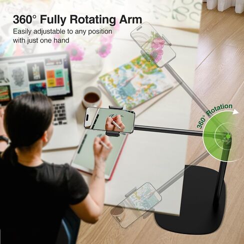 elitehood Heavy Duty Aluminum Overhead Phone Stand, 15 in Long Arm iPhone Holder for Video Recording, 360 Degrees Swivel Tilt Overhead Phone Mount for Filming, Meeting, Cooking, Painting and Crafting in Kuwait