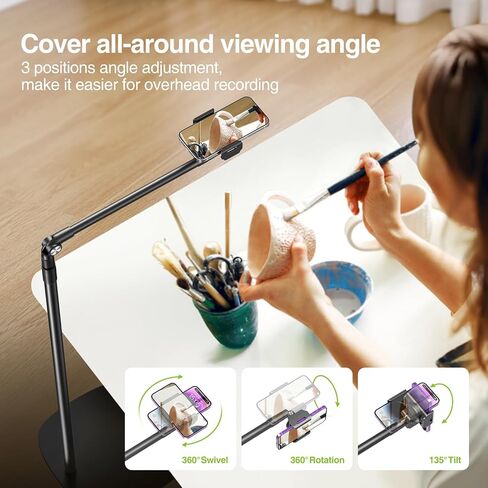elitehood Heavy Duty Aluminum Overhead Phone Stand, 15 in Long Arm iPhone Holder for Video Recording, 360 Degrees Swivel Tilt Overhead Phone Mount for Filming, Meeting, Cooking, Painting and Crafting in Kuwait