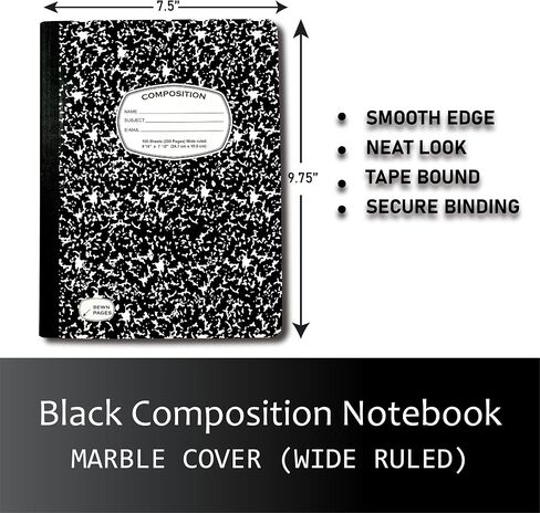 AUKSales Composition Notebook Wide Ruled Composition Notebook, 3 Pack, 9-3/4" x 7-1/2", 100 Sheets, Black Marble Notebook School Notebook, Composition Notebooks for School College & Office Supplies in Saudi Arabia