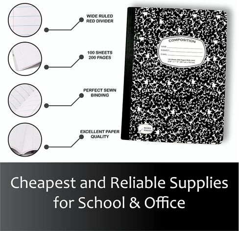 AUKSales Composition Notebook Wide Ruled Composition Notebook, 3 Pack, 9-3/4" x 7-1/2", 100 Sheets, Black Marble Notebook School Notebook, Composition Notebooks for School College & Office Supplies in Saudi Arabia