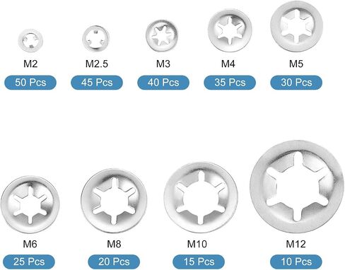 uxcell 270Pcs Internal Tooth Starlock Washers Assortment Kit, 304 Stainless Steel Tooth Locking Ring Washers Quick Speed Star Nut Locking Fastener, 9 Size, Silver in Saudi Arabia