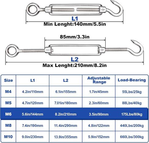 TooTaci 10Pcs M6 Hook and Eye Turnbuckle Heavy Duty, 304 Stainless Steel Turnbuckle Tensioner, Adjustable Turnbuckles for Cables Wire, Wire Rope Tension, Cable Railing, Shade Sail Hardware in Kuwait