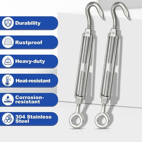 TooTaci 10Pcs M6 Hook and Eye Turnbuckle Heavy Duty, 304 Stainless Steel Turnbuckle Tensioner, Adjustable Turnbuckles for Cables Wire, Wire Rope Tension, Cable Railing, Shade Sail Hardware in Kuwait