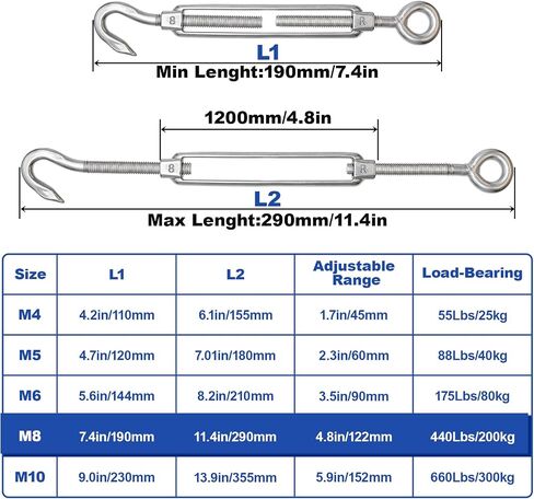 TooTaci 10Pcs M6 Hook and Eye Turnbuckle Heavy Duty, 304 Stainless Steel Turnbuckle Tensioner, Adjustable Turnbuckles for Cables Wire, Wire Rope Tension, Cable Railing, Shade Sail Hardware in Kuwait