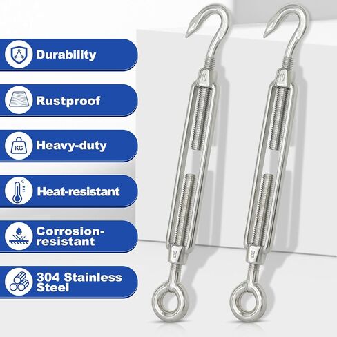 TooTaci 10Pcs M6 Hook and Eye Turnbuckle Heavy Duty, 304 Stainless Steel Turnbuckle Tensioner, Adjustable Turnbuckles for Cables Wire, Wire Rope Tension, Cable Railing, Shade Sail Hardware in Kuwait