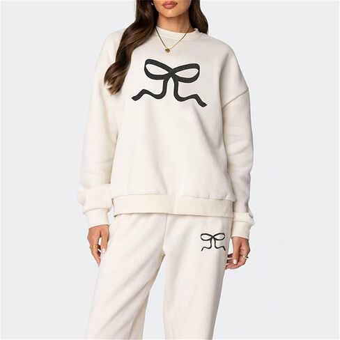 2 قطعة صالة مجموعات للنساء الخريف Sweatsuits القوس طباعة طويلة الأكمام طاقم الرقبة واسعة الساق Sweatpants مطابقة رياضية in Kuwait