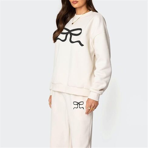 2 قطعة صالة مجموعات للنساء الخريف Sweatsuits القوس طباعة طويلة الأكمام طاقم الرقبة واسعة الساق Sweatpants مطابقة رياضية in Kuwait