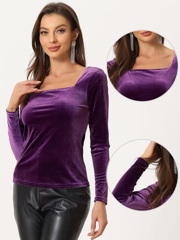 Allegra K Velvet Top for Women's Square Neck Long Sleeves Solid Casual T-Shirt Blouse in Saudi Arabia