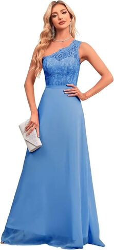 2024 Women’s One Shoulder Bridesmaid Wedding Guests Dresses Long Lace Appliques A-Line Chiffon Prom Dresses with Slit. in Saudi Arabia