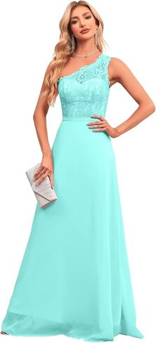2024 Women’s One Shoulder Bridesmaid Wedding Guests Dresses Long Lace Appliques A-Line Chiffon Prom Dresses with Slit. in Saudi Arabia