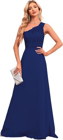 2024 Women’s One Shoulder Bridesmaid Wedding Guests Dresses Long Lace Appliques A-Line Chiffon Prom Dresses with Slit. in Saudi Arabia