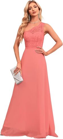 2024 Women’s One Shoulder Bridesmaid Wedding Guests Dresses Long Lace Appliques A-Line Chiffon Prom Dresses with Slit. in Saudi Arabia