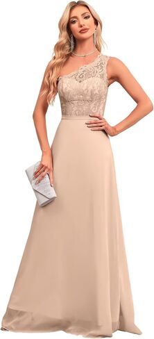 2024 Women’s One Shoulder Bridesmaid Wedding Guests Dresses Long Lace Appliques A-Line Chiffon Prom Dresses with Slit. in Saudi Arabia