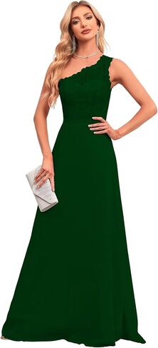 2024 Women’s One Shoulder Bridesmaid Wedding Guests Dresses Long Lace Appliques A-Line Chiffon Prom Dresses with Slit. in Saudi Arabia