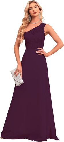 2024 Women’s One Shoulder Bridesmaid Wedding Guests Dresses Long Lace Appliques A-Line Chiffon Prom Dresses with Slit. in Saudi Arabia