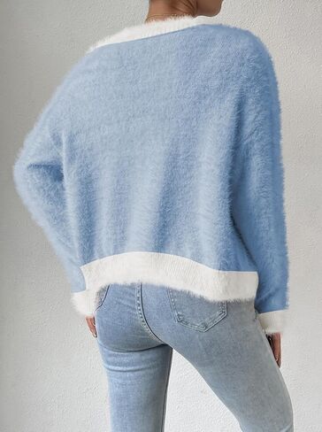 Pink Queen Women's Furry Cropped Cardigan Color Block Batwing Sleeves Open Front V-Neck Button Down Knit Sweater Coat in Saudi Arabia