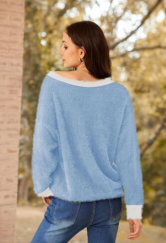 Pink Queen Women's Furry Cropped Cardigan Color Block Batwing Sleeves Open Front V-Neck Button Down Knit Sweater Coat in Saudi Arabia