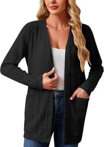 Women's Open Front Cardigan Sweaters Lightweight Casual Long Sleeve Knit Cardigan Button Down Outwear with Pockets in Saudi Arabia