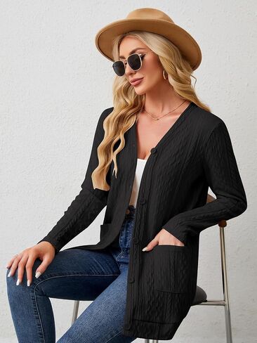 Women's Open Front Cardigan Sweaters Lightweight Casual Long Sleeve Knit Cardigan Button Down Outwear with Pockets in Saudi Arabia